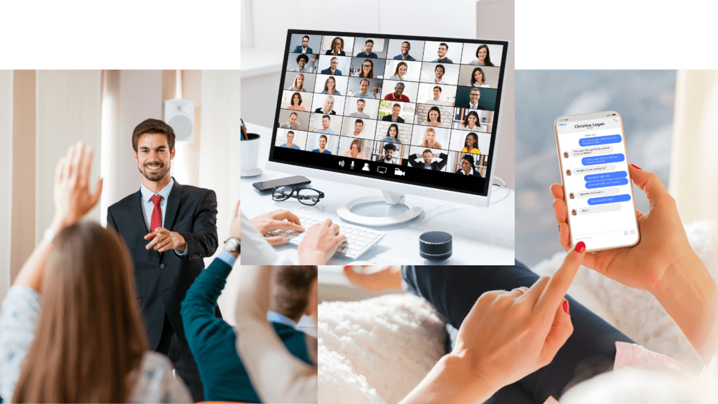 Unterschiedliche Sichtbarkeit bei hybriden Meetings: vor Ort, im mobilen Chat und in einer Videokonferenz