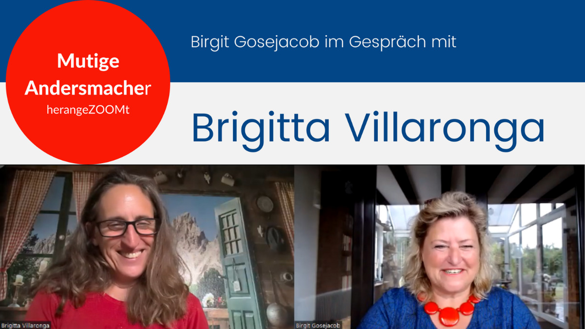 Introbild mit Thumbnail aus der Videoaufzeichnung des Zoom Gesprächs zwischen Birgit Gosejacob und Brigitta Villaronga