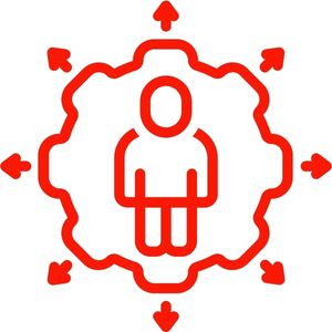 Rotes Icon als Sinnbild für Raum und Struktur für Kreativität und Effizienz: Eine Figur in eine, Zahnrad mit Pfeilen nach außen in alle Richtungen zeigend