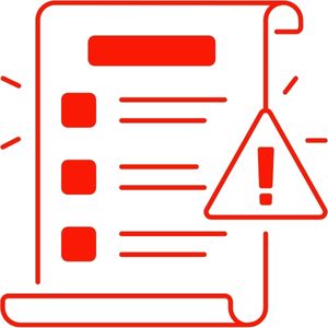 Rotes Icon als Sinnbild für Regeln: Dokument mit verschiedenen Punkten und Achtung-Schild
