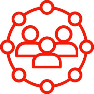 Rotes Icon als Sinnbild für Kreis der Teilnehmenden: 3 Figuren in einem Kreis
