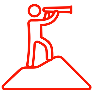 rotes Icon Figur mit Fernrohr auf Berg - Sinnbild für Visionen und Fokus