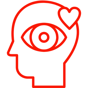 Fokus: rotes Icon - Kopf (seitlich)  mit großem Auge für den Fokus und einem Herz