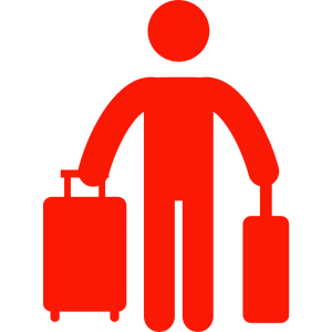 Rotes Icon als Sinnbild für "zurück vor Ort": Figur mit Koffer und Trolley