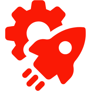 Sinnbild für das richtige Format oder Werkzeug; rotes Icon mit Zahnrad und startender Rakete